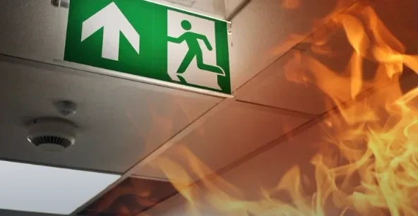 Contre-plongée sous un faux-plafond : plaque issue de secours verte allumée, détecteur de fumée et grandes flammes orange au premier plan — feu et évacuation en milieu professionnel