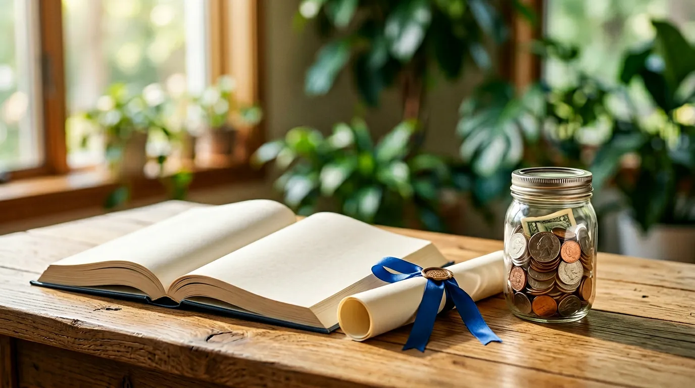 Épargne pour les études : livres et pièces sur un bureau, illustration Éducation Active RMA