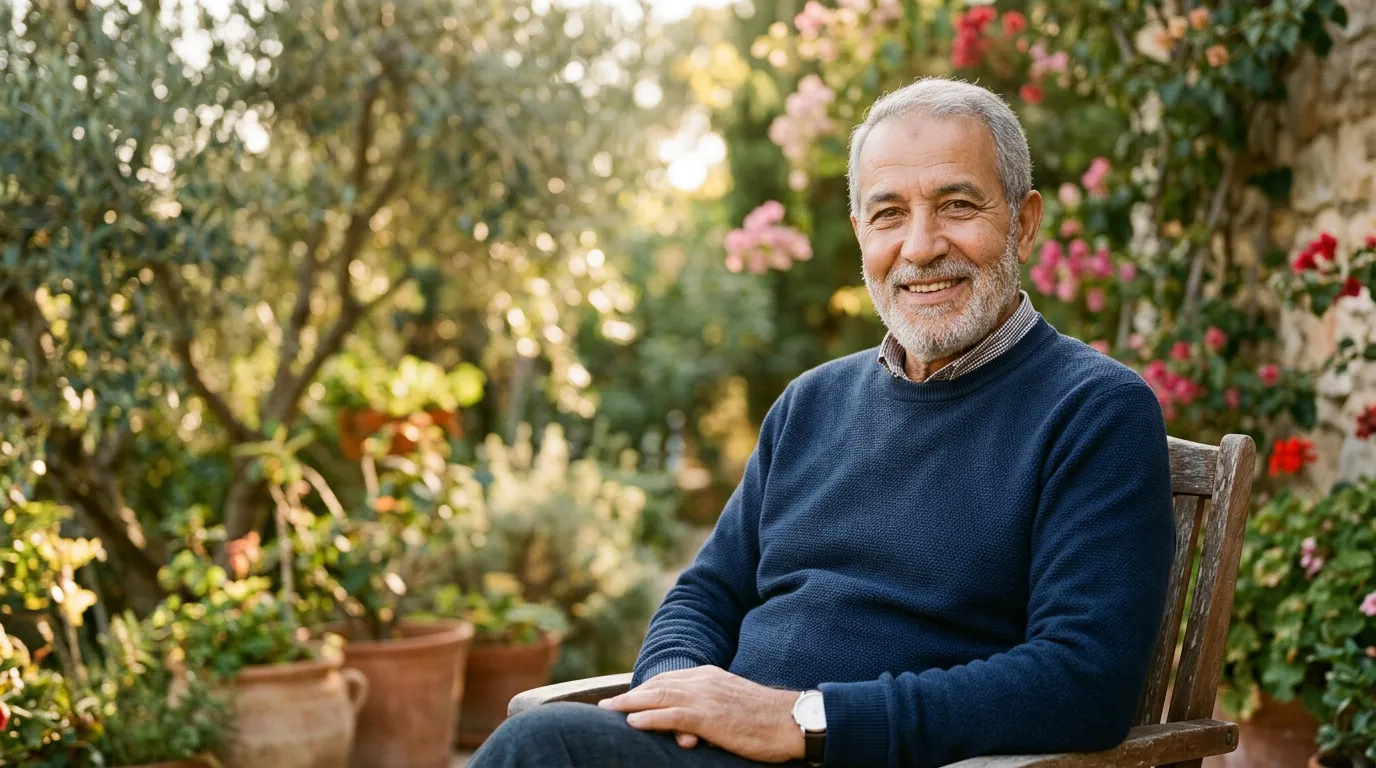 Homme senior souriant en extérieur, sérénité et retraite active, illustration Retraite Active RMA