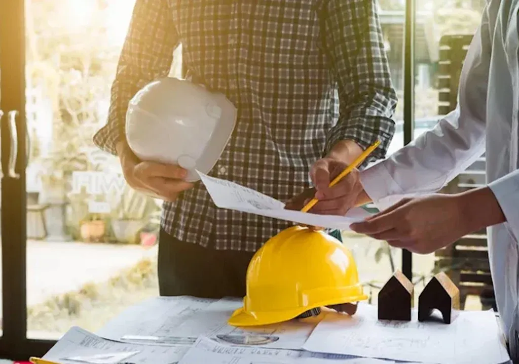 Professionnels du BTP étudiant des plans sur une table, casques de chantier et maquettes — assurance construction et travaux publics RMA Tanger