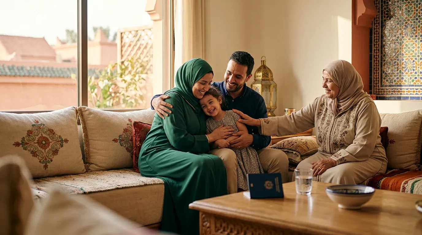 Famille marocaine unie à la maison — tendresse, protection et sérénité autour de la santé de l’enfant