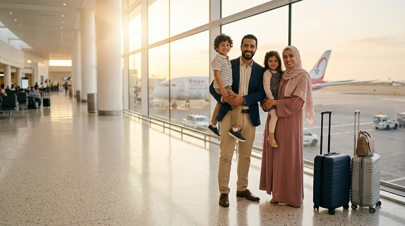 Famille marocaine souriante à l’aéroport, lumière dorée et valises — assurance voyage Maroc et international avec RMA Al Boughaz Tanger