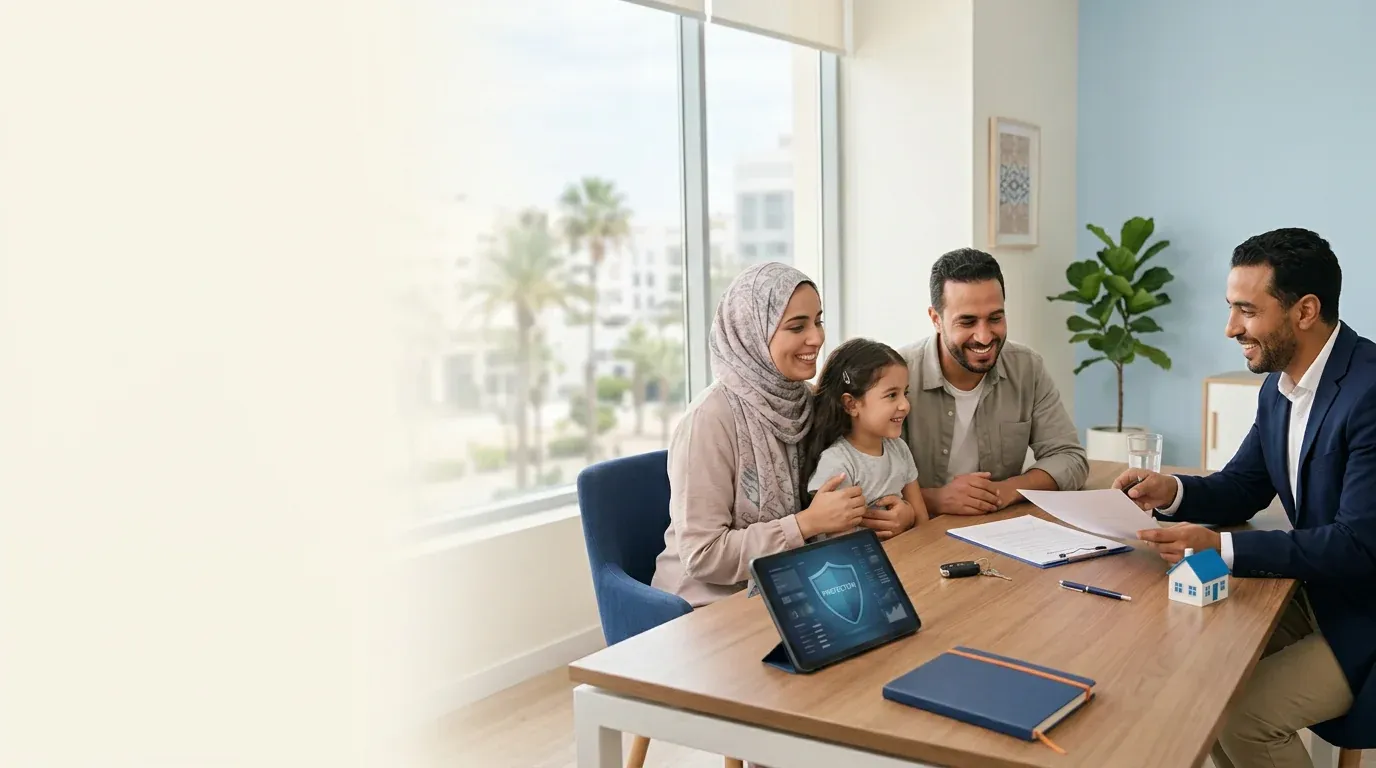 Famille avec conseiller en assurance, bureau lumineux, maison miniature et tablette Protection sur le bureau