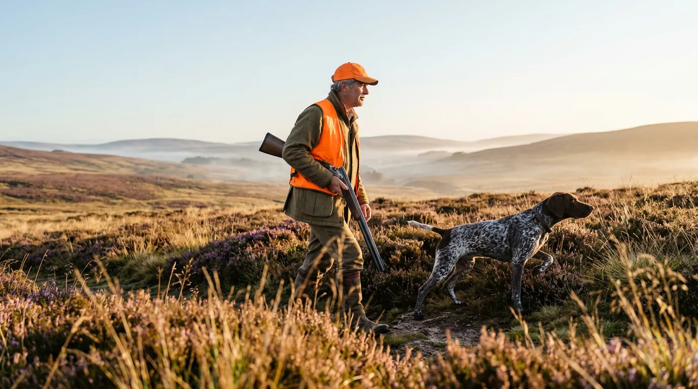 Chasseur avec gilet de visibilité et chien d’arrêt en lande au lever du jour — illustration responsabilité civile chasse, RMA Assurance Al Boughaz Tanger