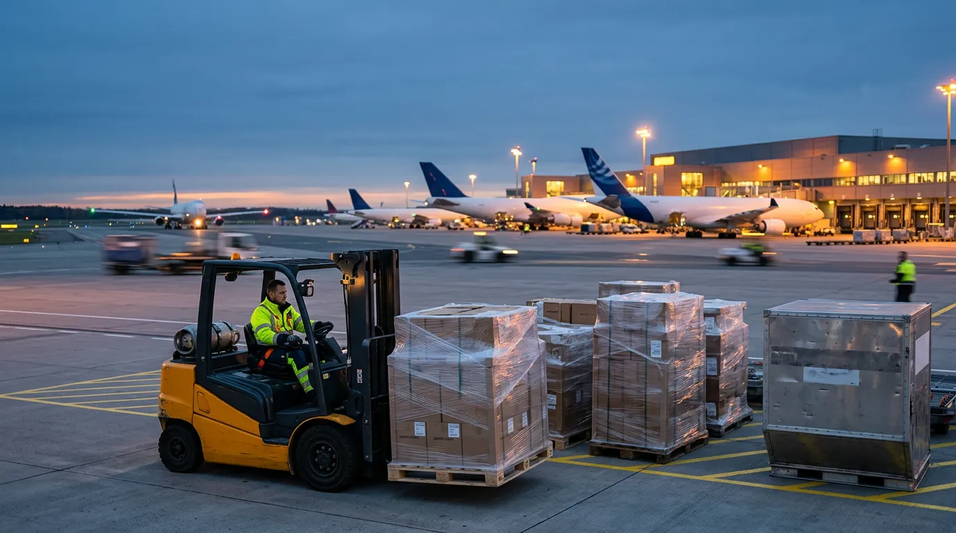 Hub logistique : avions cargo, manutention et fret, illustration transport de marchandises RMA Tanger