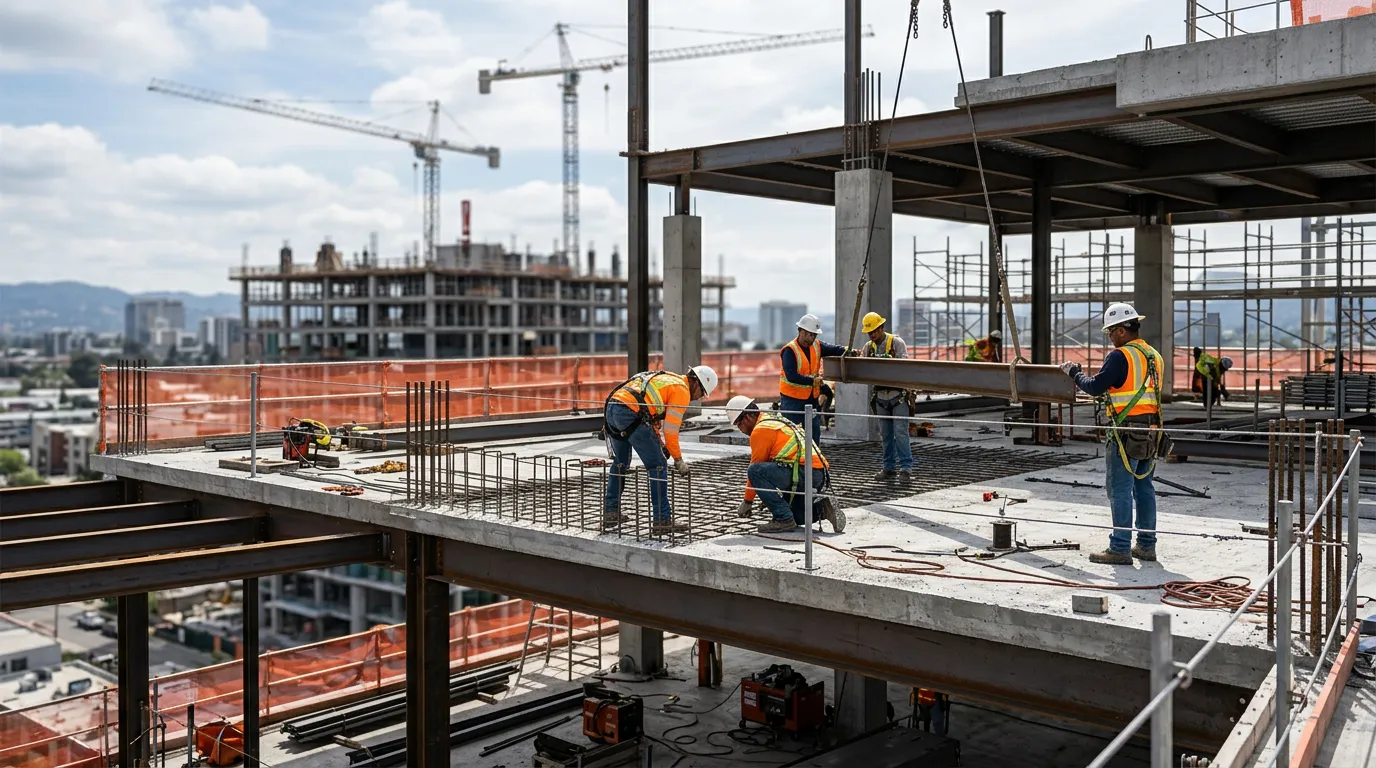 Chantier de construction avec équipes en sécurité, illustration RC décennale