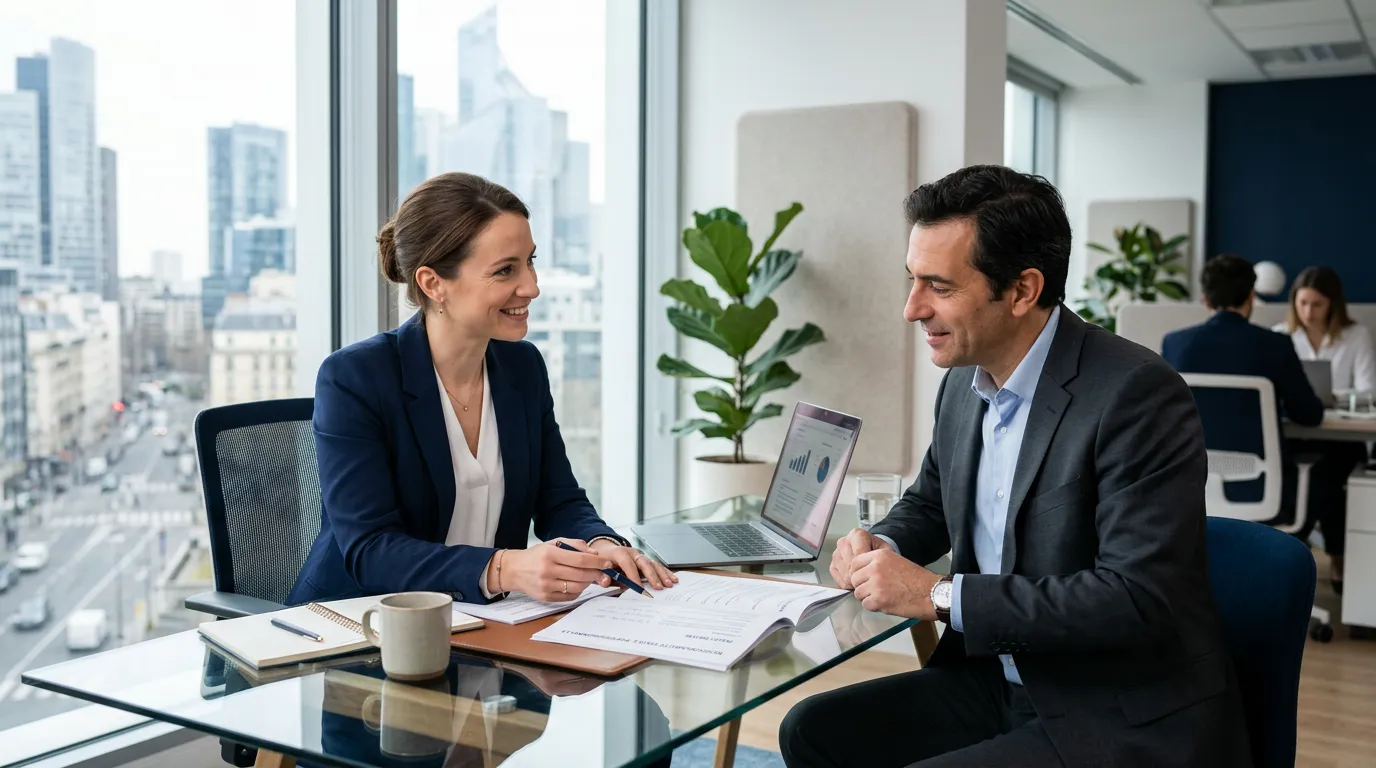 Conseiller et client en réunion professionnelle, illustration RC professionnelle